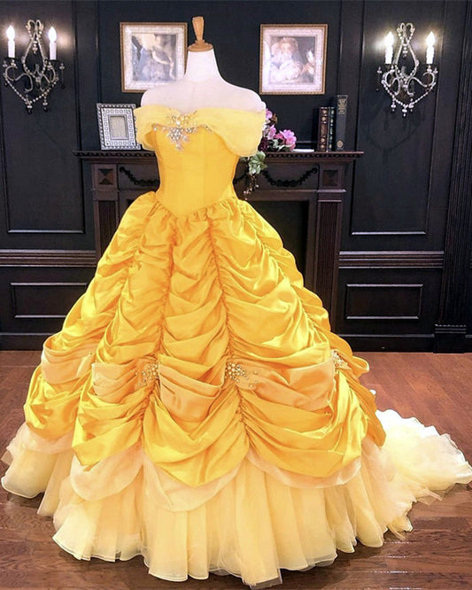 Off The Shoulder Taffeta Ball Gown Quinceanera Dresses Yellow