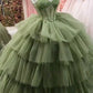 Sage Green Corset Ball Gown Ruffles Dress