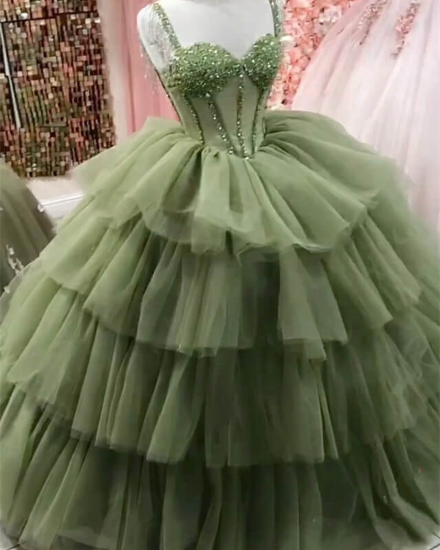 sage green dress for quince Sage Green Dress Quince | Beaded 3D Flowers Lace Appliques Corset Ball Gown