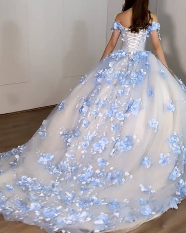 Ball Gown Tulle Off The Shoulder Quinceanera Dresses With Blue Flowers