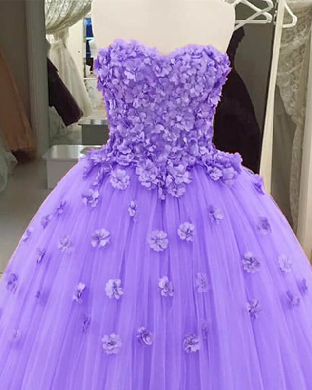 Lavender 3D Flowers Sweetheart Ball Gown Dresses