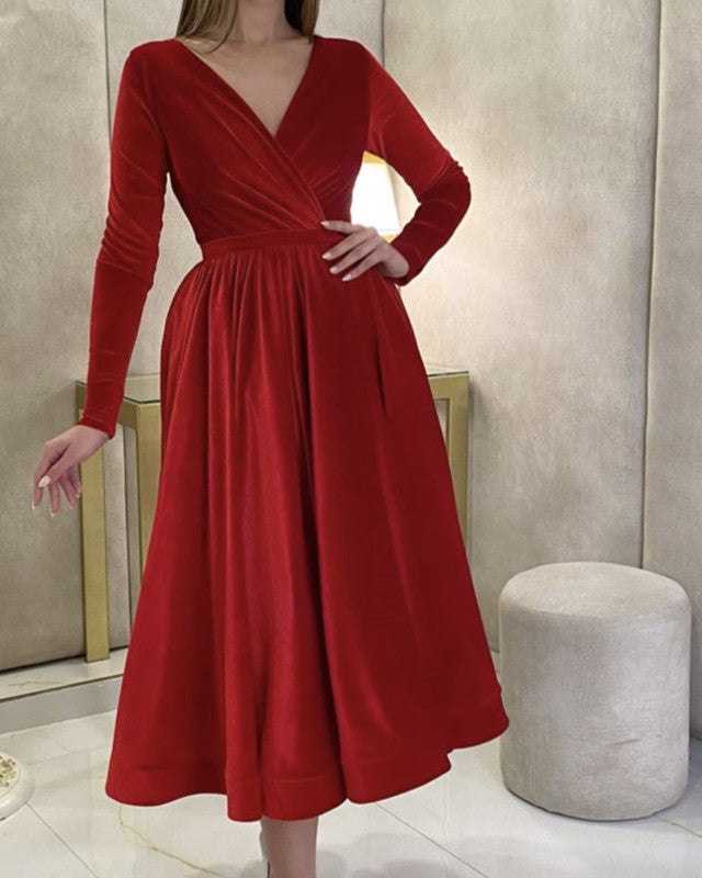 Tea Length Satin Bridesmaid Dresses Velvet Long Sleeves