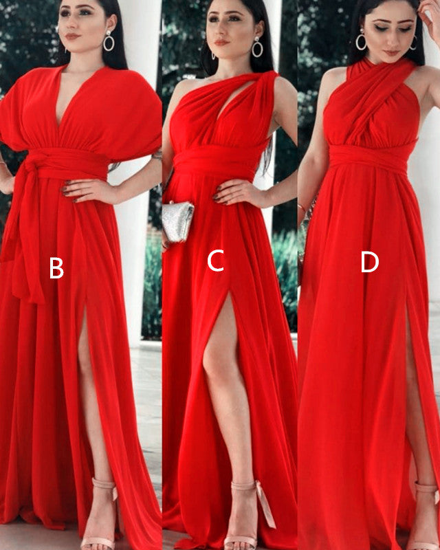 Red Chiffon Infinity Bridesmaid Dress With Slit