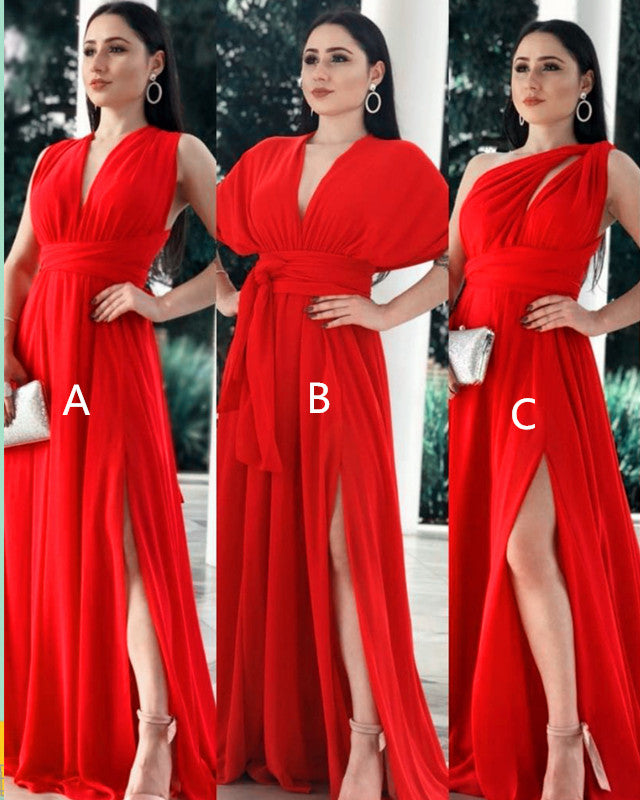 Red Chiffon Convertible Dress With Slit