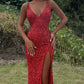 Mermaid Sequin Dresses V Neck Split