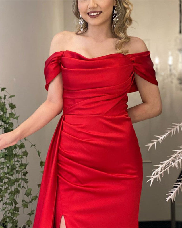 Sexy Mermaid Split Off Shoulder Satin Dresses