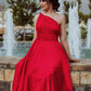 Red Bridesmaid Dresses One Shoulder Floor Length