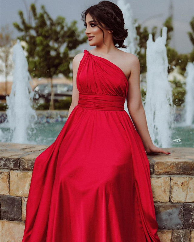 Red Bridesmaid Dresses One Shoulder Floor Length