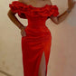 Red Midi Bridesmaid Dresses Split Off Shoulder
