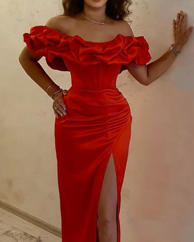 Red Midi Bridesmaid Dresses Split Off Shoulder
