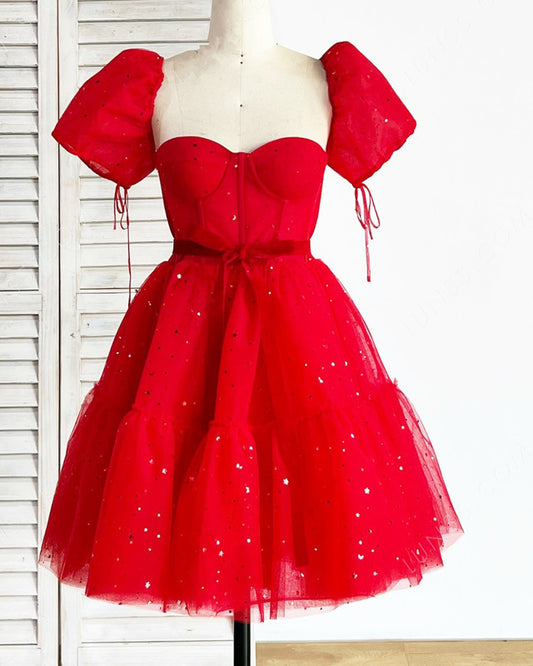 Red Starry Tulle Hoco Dress