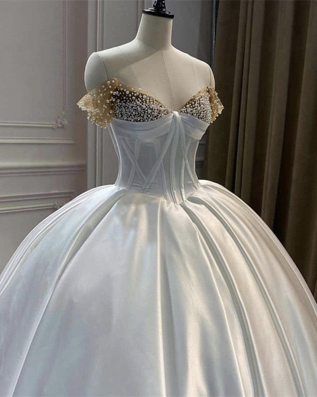 Romantic Satin Corset Wedding Dresses Off The Shoulder Ball Gown – Lisposa