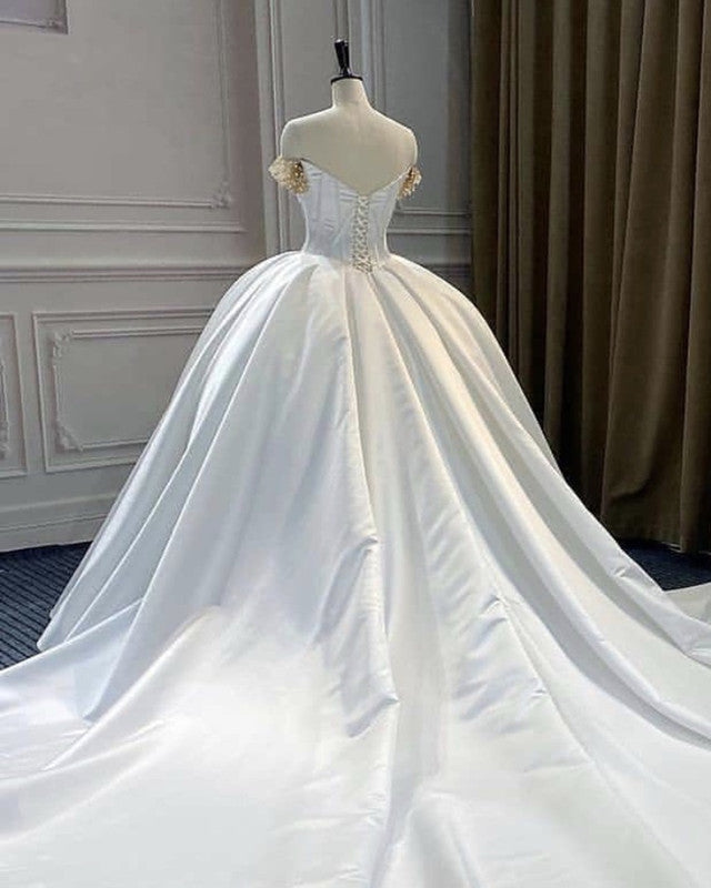 Romantic Satin Corset Wedding Dresses Off The Shoulder Ball Gown – Lisposa