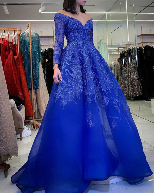 Royal Blue Tulle Prom Dresses Long Sleeves Appliques