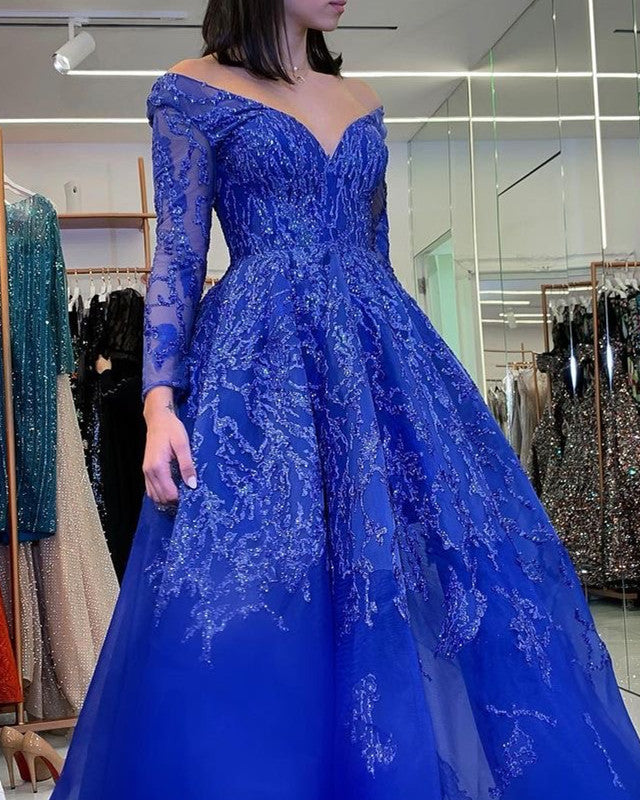 Royal blue Prom Dresses With Sleeves