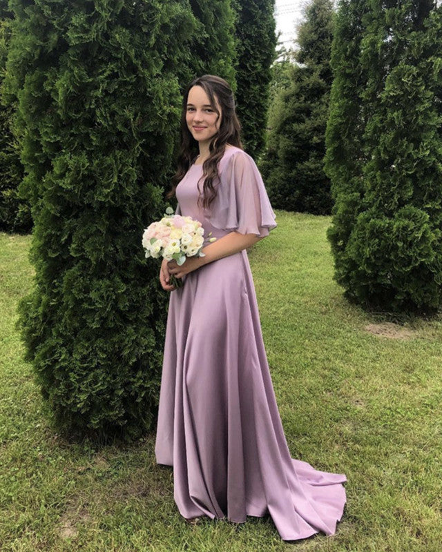 purple bridesmaid dresses with sleeves Double V Neck Long Empire Waist Chiffon Dress Ruffles Back Style Long Sleeve Sweetheart Chiffon Lace-Up