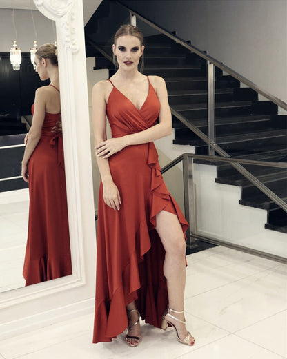 Burnt Orange Bridesmaid Dresses Side Split Satin Ruffles – Lisposa