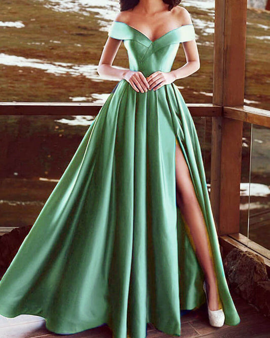 Sage Green Bridesmaid Dress Satin Off Shoulder