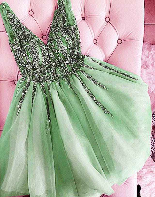 Short Tulle Bridesmaid Dresses V Neck Sequins Beaded – Lisposa