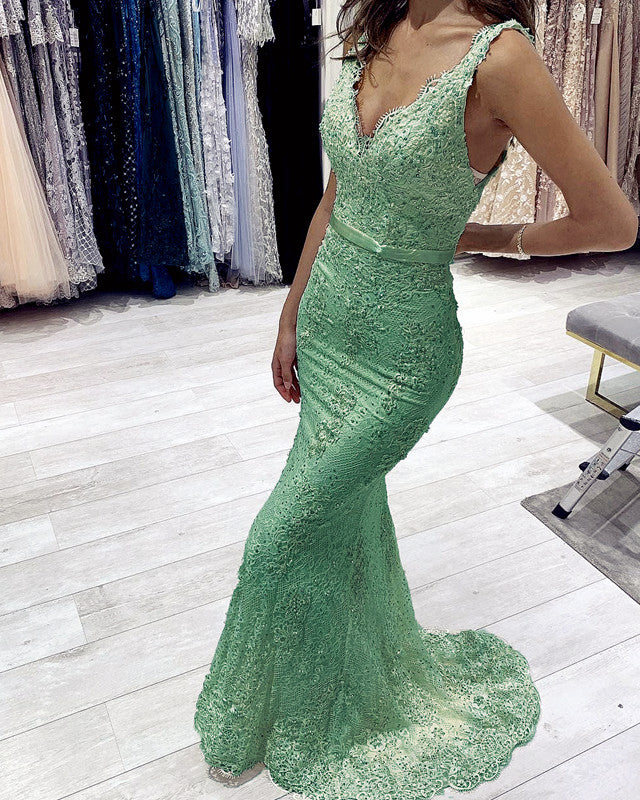 Trumpet Mermaid V Neck Lace Dresses