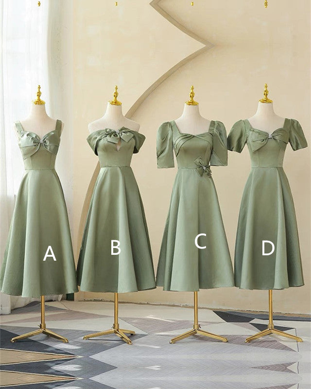 Mixed Style Sage Green Satin Midi Bridesmaid Dresses
