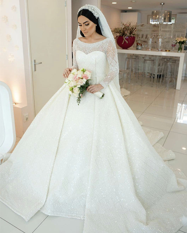Bling Sequins Wedding Dresses Ball Gown Sleeved