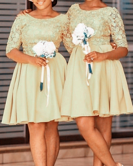 Short Satin Bridesmaid Dresses With Lace Sleeves