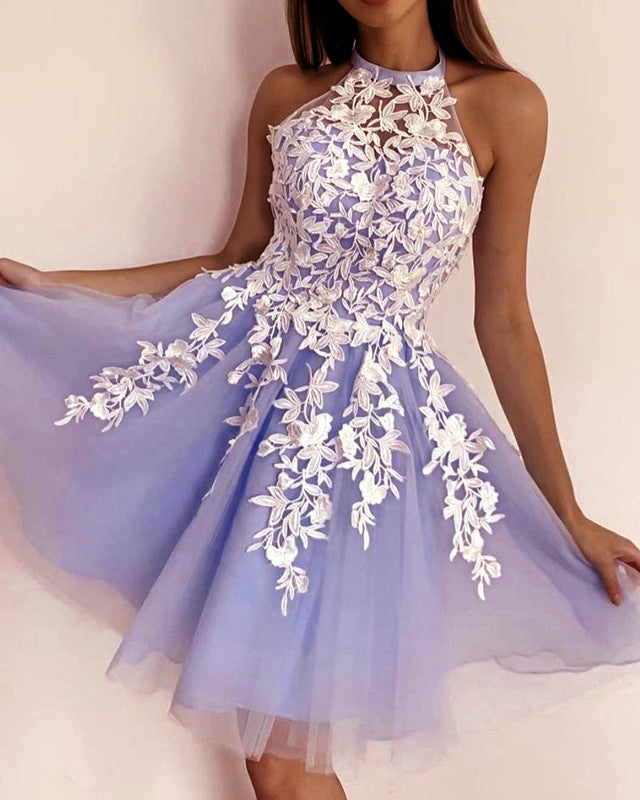 Short Halter Junior Prom Dresses 2022 Short Tulle Appliques – Lisposa