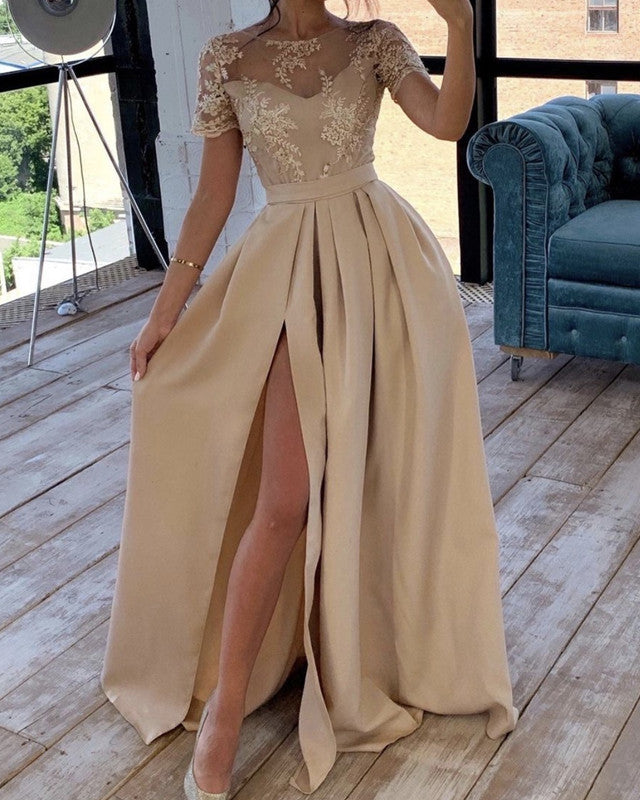 Short Sleeves Champagne Bridesmaid Dresses