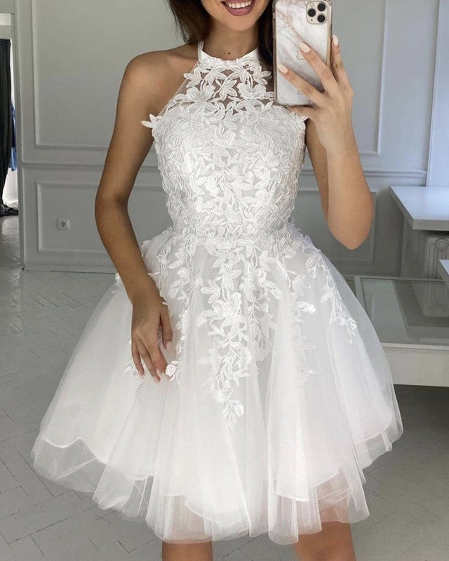 Short Tulle Prom Dresses Appliques Halter