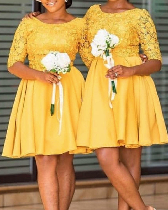 Short Satin Bridesmaid Dresses With Lace Sleeves