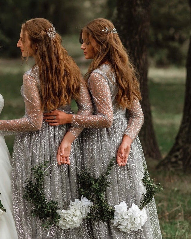 Sparkly Silver Bridesmaid Dresses Long Sleeves