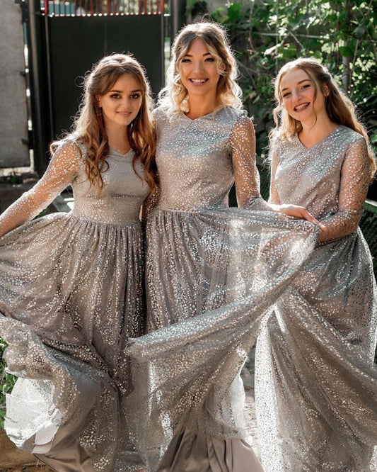 Sparkly Silver Bridesmaid Dresses Long Sleeves