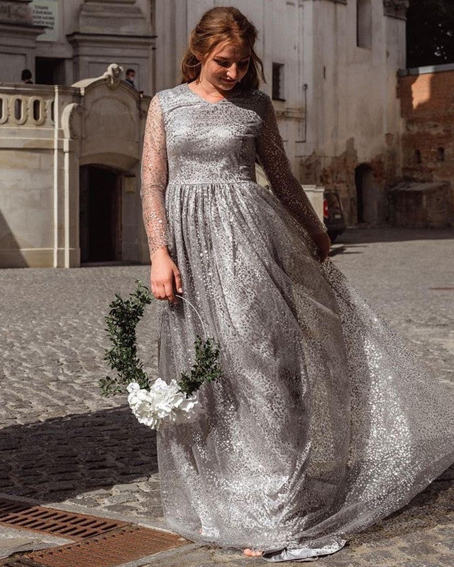 Sparkly Silver Bridesmaid Dresses Long Sleeves