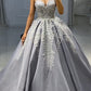 Silver Wedding Dress Satin Ball Gown Lace Embroidery