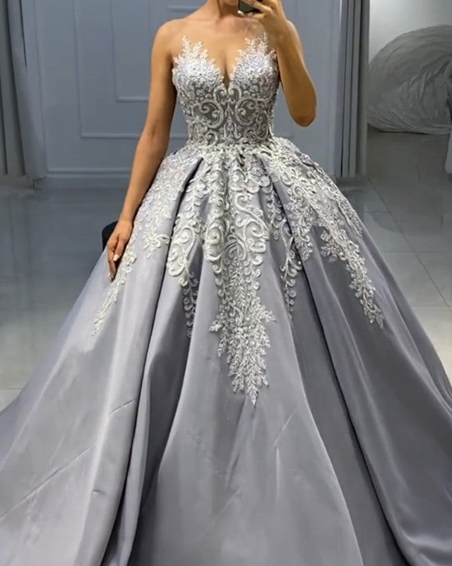 Silver Wedding Dress Satin Ball Gown Lace Embroidery