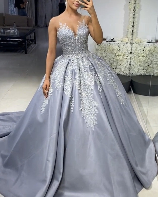 Silver Wedding Dress Satin Ball Gown Lace Embroidery – Lisposa
