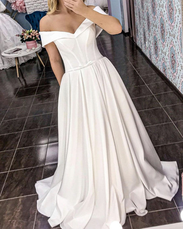 Simple Corset Wedding Dress Satin Off The Shoulder