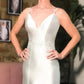 Simple Ivory Satin Mermaid Wedding Dress V Neck Appliques