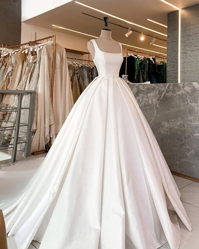 Simple Wedding Dress Satin Square Neckline Straps Ball Gown – Lisposa