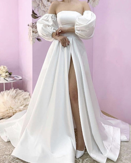 Strapless Satin Split Wedding Dress Removable Sleeves