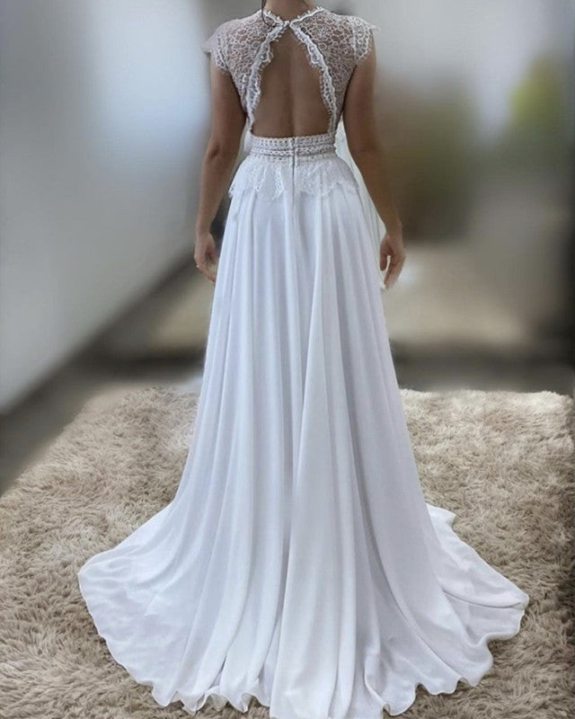 Bohemian Lace Halter Neck Boho Lace Wedding Dress Floor Length