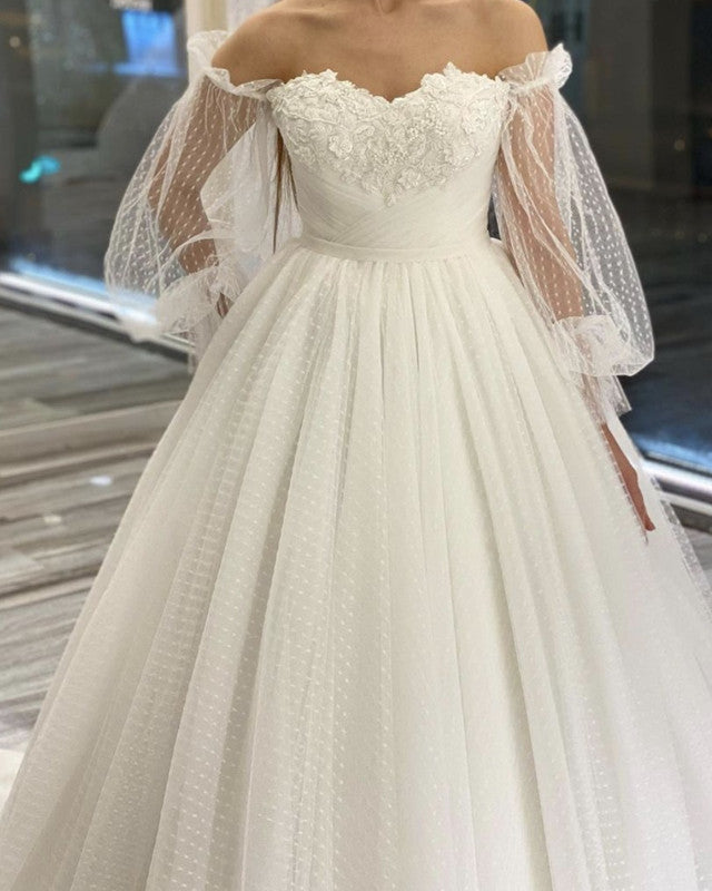 Off The Shoulder Tulle Wedding Dress With Sleeves