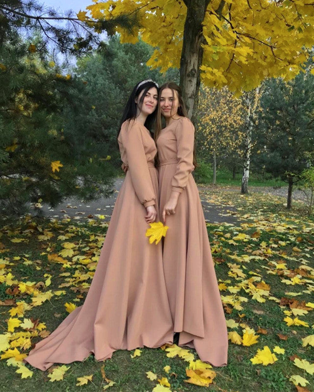 Tan Bridesmaid Dresses Long Sleeves