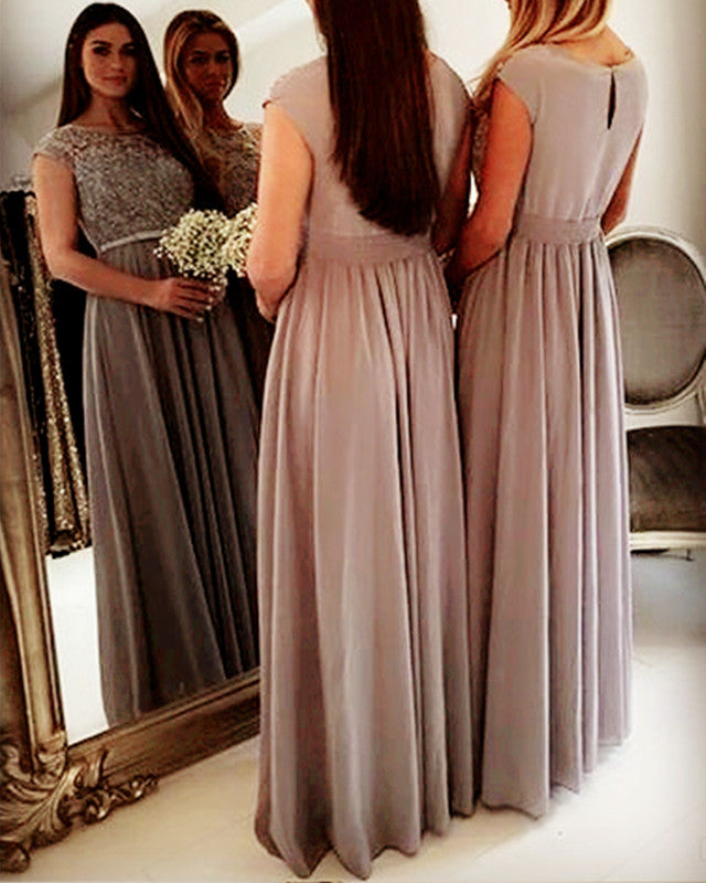 Modest Chiffon Long Bridesmaid Dresses Lace Cap Sleeves