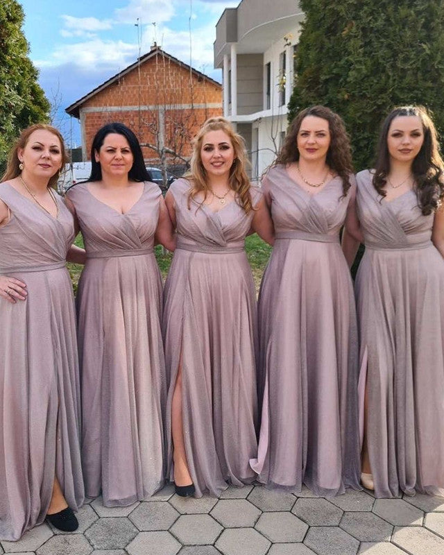 Tulle V Neck Split Bridesmaid Dresses Sequins Beaded – Lisposa