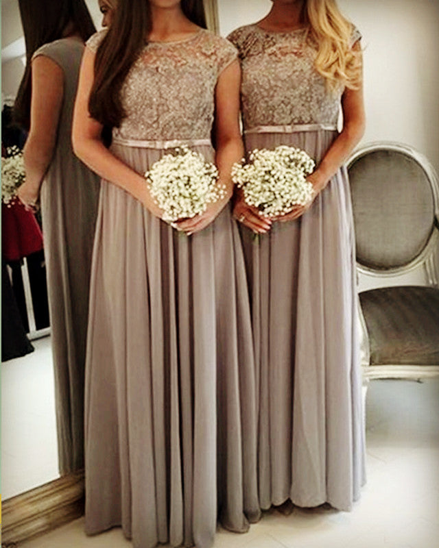 Modest Chiffon Long Bridesmaid Dresses Lace Cap Sleeves