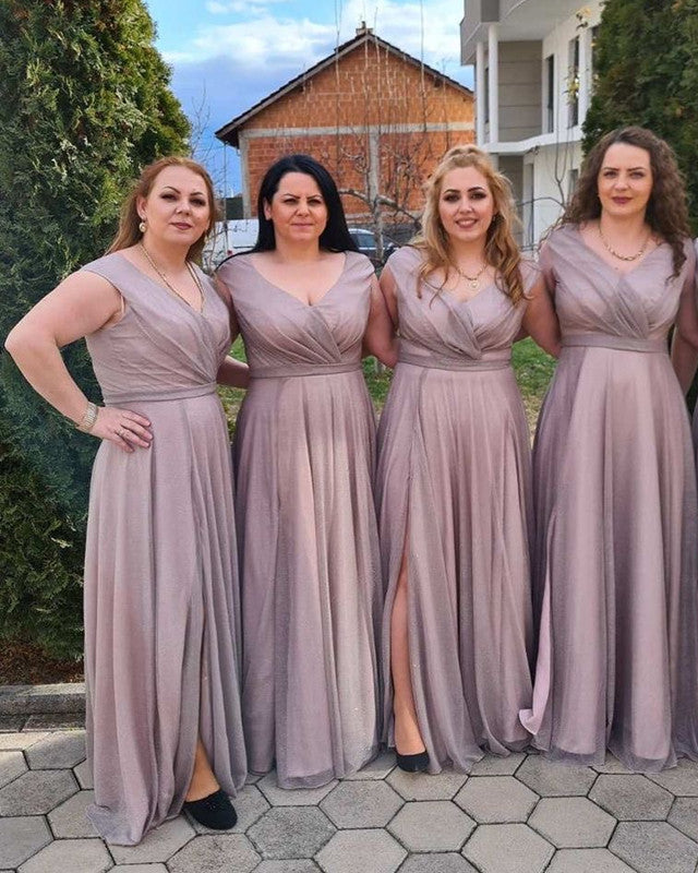 Tulle V Neck Split Bridesmaid Dresses Sequins Beaded – Lisposa