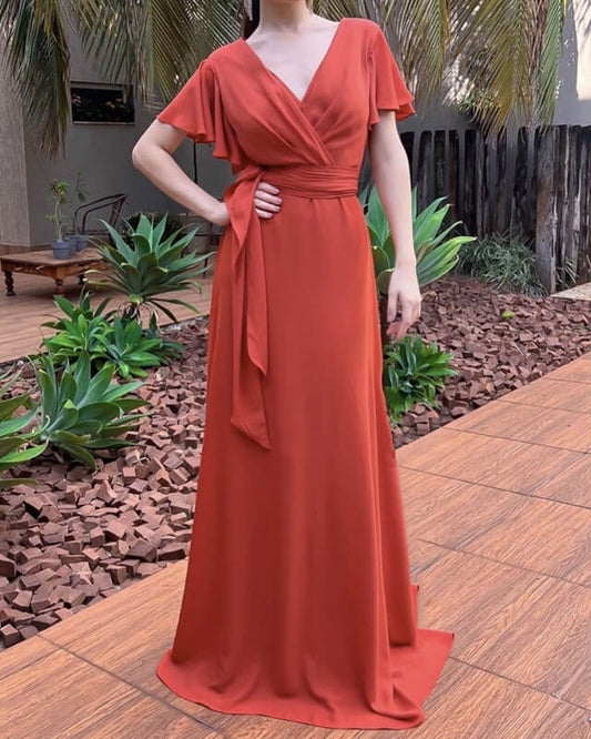 Terracotta Chiffon Bridesmaid Dresses With Sleeve