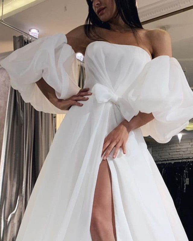 Tulle Boho Wedding Dresses Puffy Sleeves